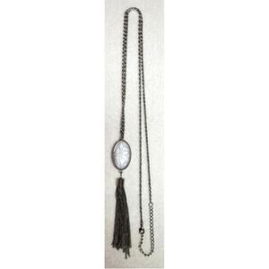 Vintage Silver Tone Long Tassel Fringe Chain Necklace Oval Faux Stone Agate Look